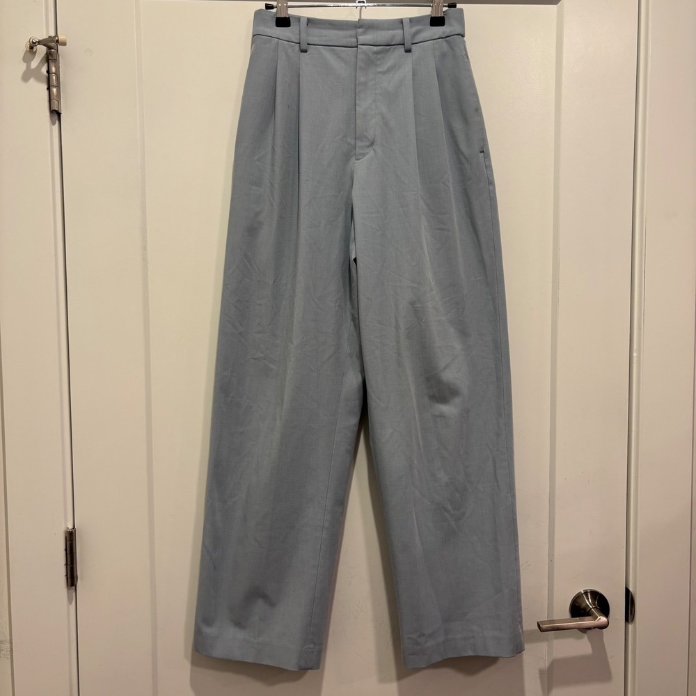 Uniqlo Wide-Straight Pleated Trousers Light Blue High Rise Pants XS 456116